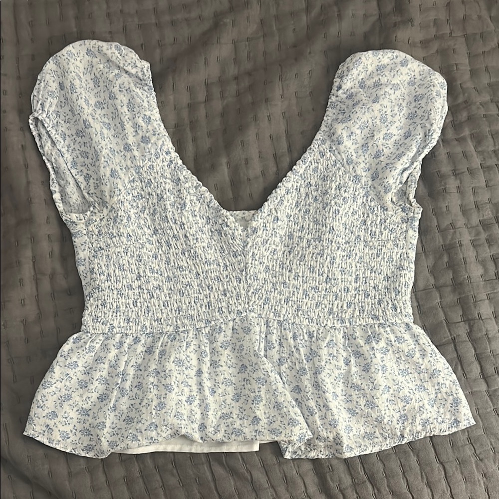 Hollister Cream Smocked Peplum Blouse Cap Sleeve